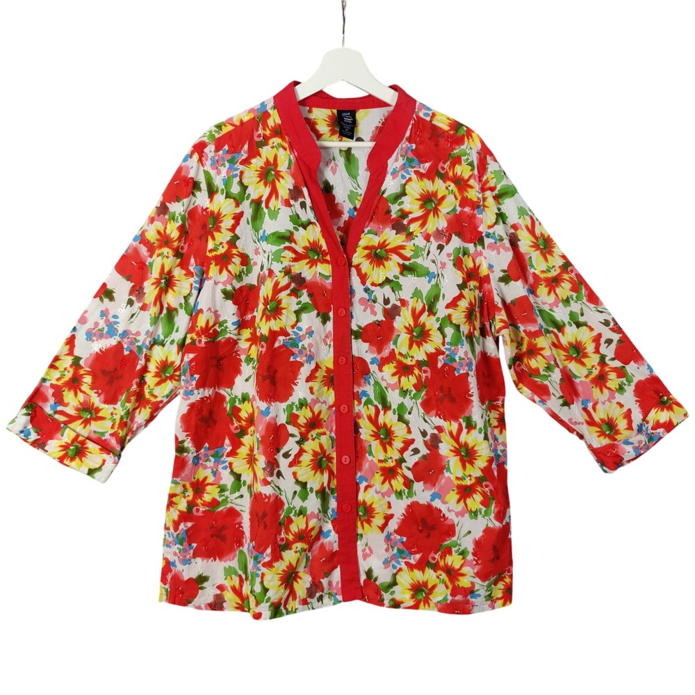 Saint Tropez West Floral Tropical Button Top Red Yellow Women‎ 2X Hawaii Coastal